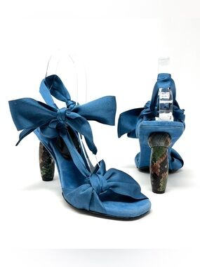 Dries Van Noten SS17 Blue Satin Suede Slingback Bow Snake Sandals Heels 38 8